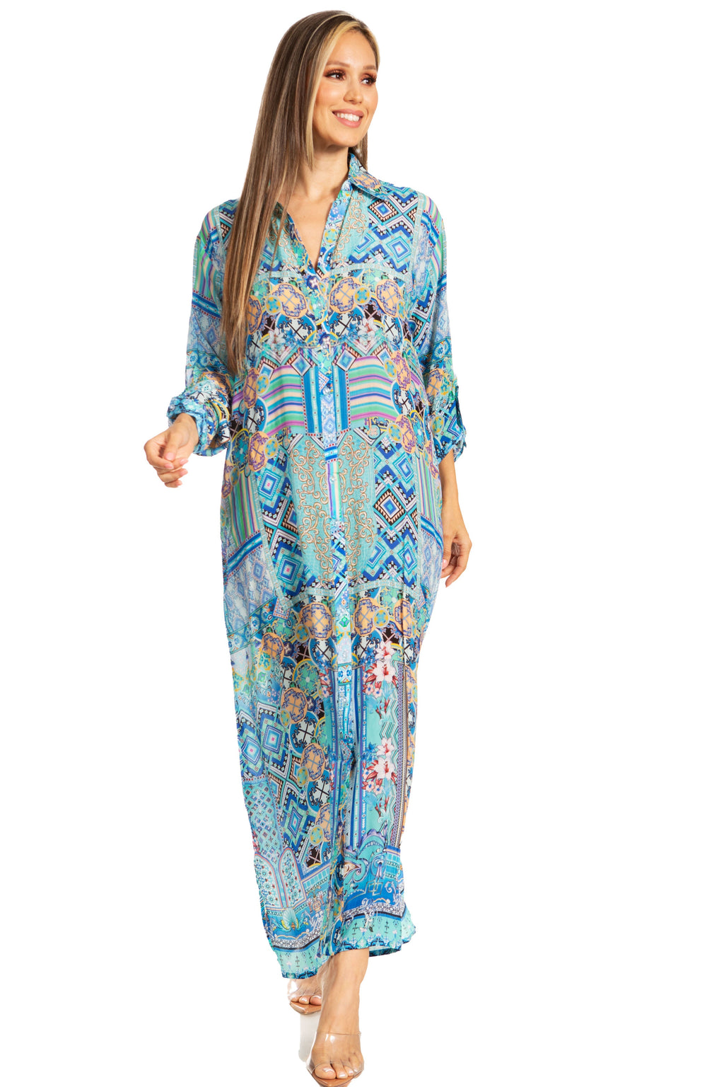 Sakkas Long Sleeves Button Down Spring/Summer Maxi Shirt Dress | Beachwear