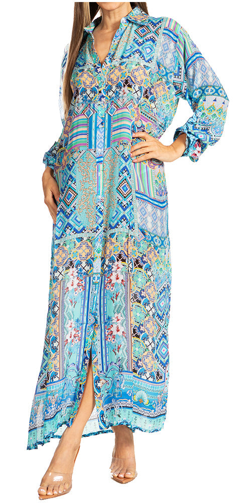 Sakkas Long Sleeves Button Down Spring/Summer Maxi Shirt Dress | Beachwear