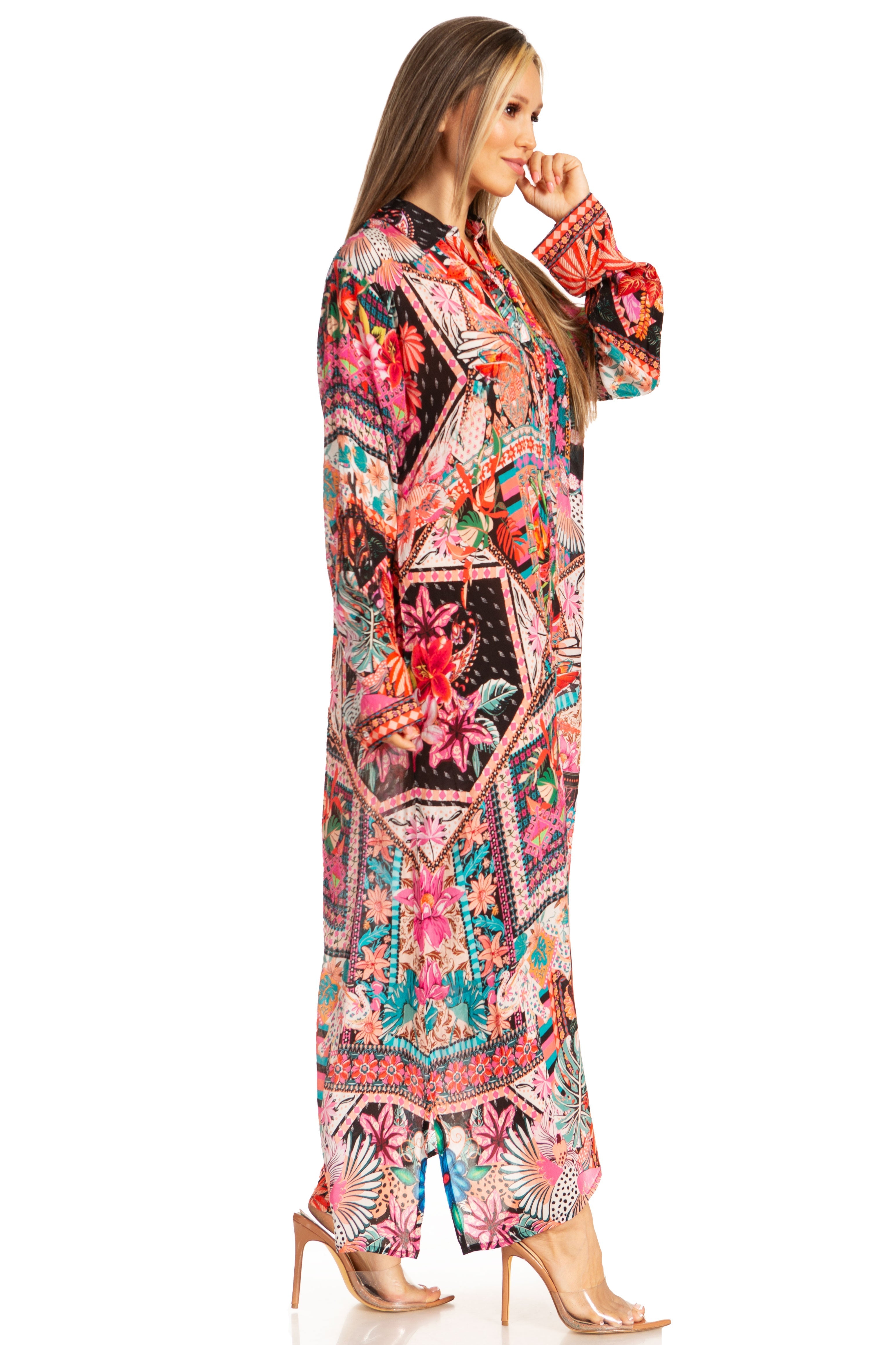 Sakkas Long Sleeves Button Down Spring/Summer Maxi Shirt Dress | Beachwear