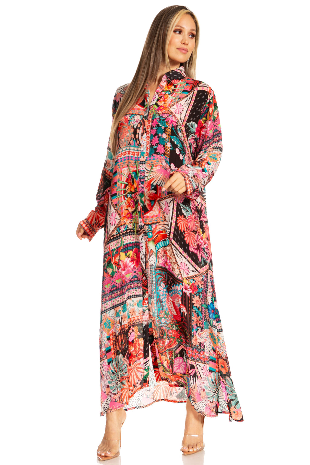 Sakkas Long Sleeves Button Down Spring/Summer Maxi Shirt Dress | Beachwear