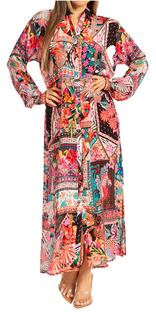 Sakkas Long Sleeves Button Down Spring/Summer Maxi Shirt Dress | Beachwear