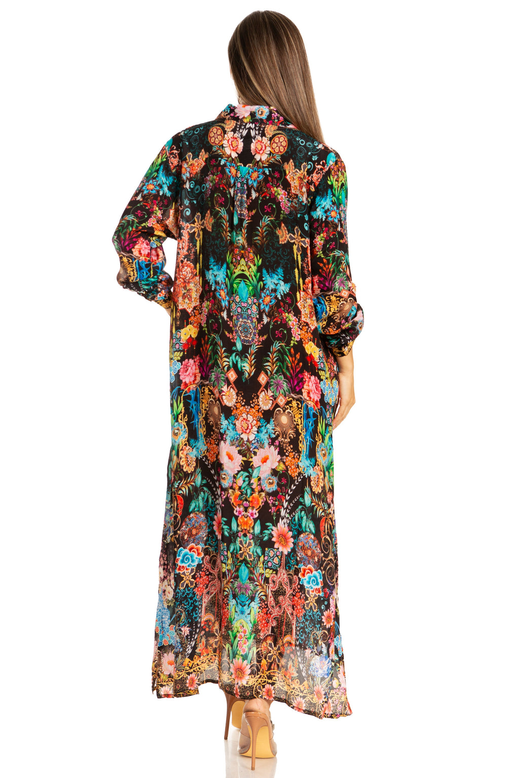 Sakkas Long Sleeves Button Down Spring/Summer Maxi Shirt Dress | Beachwear