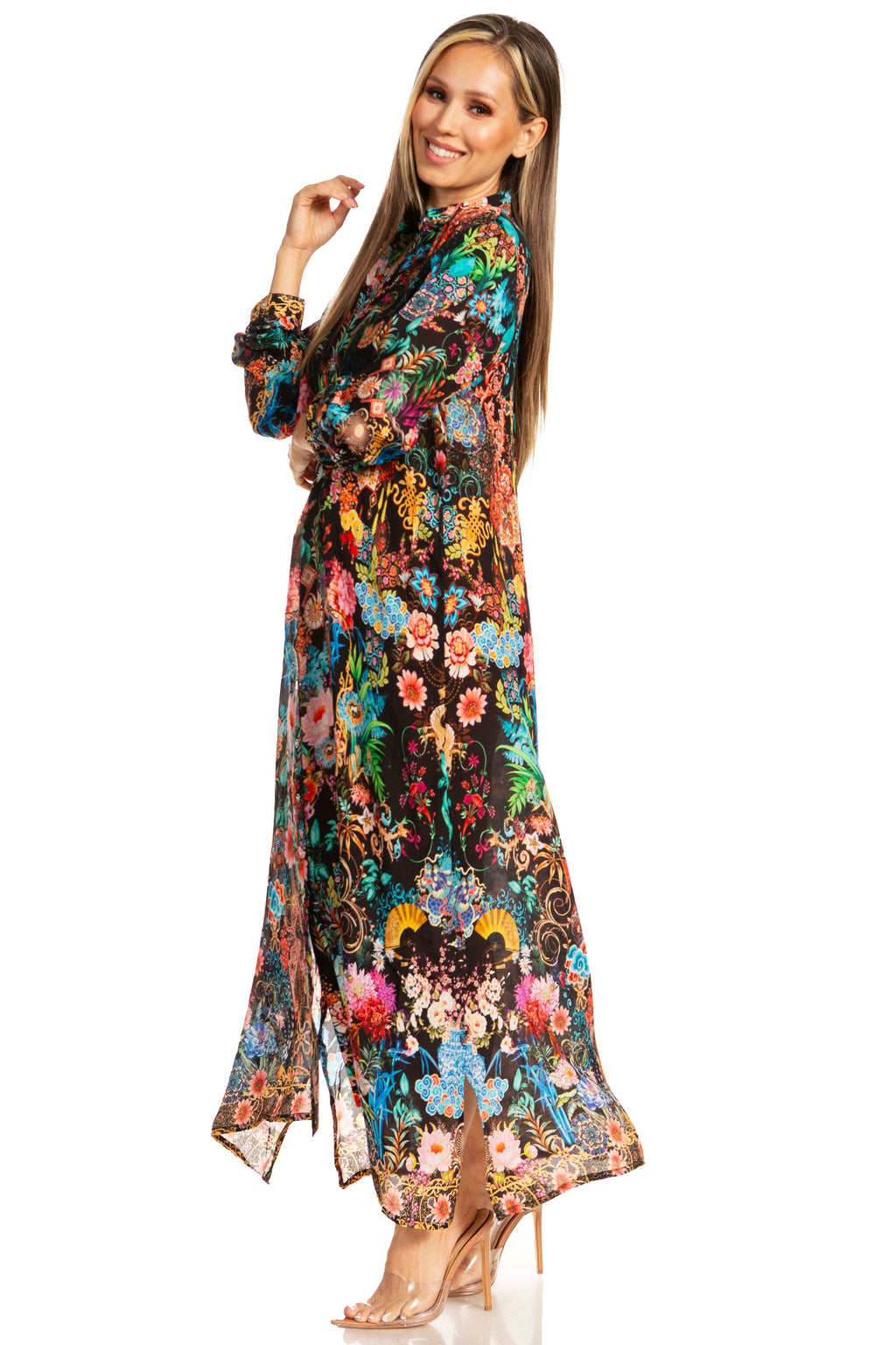 Sakkas Long Sleeves Button Down Spring/Summer Maxi Shirt Dress | Beachwear