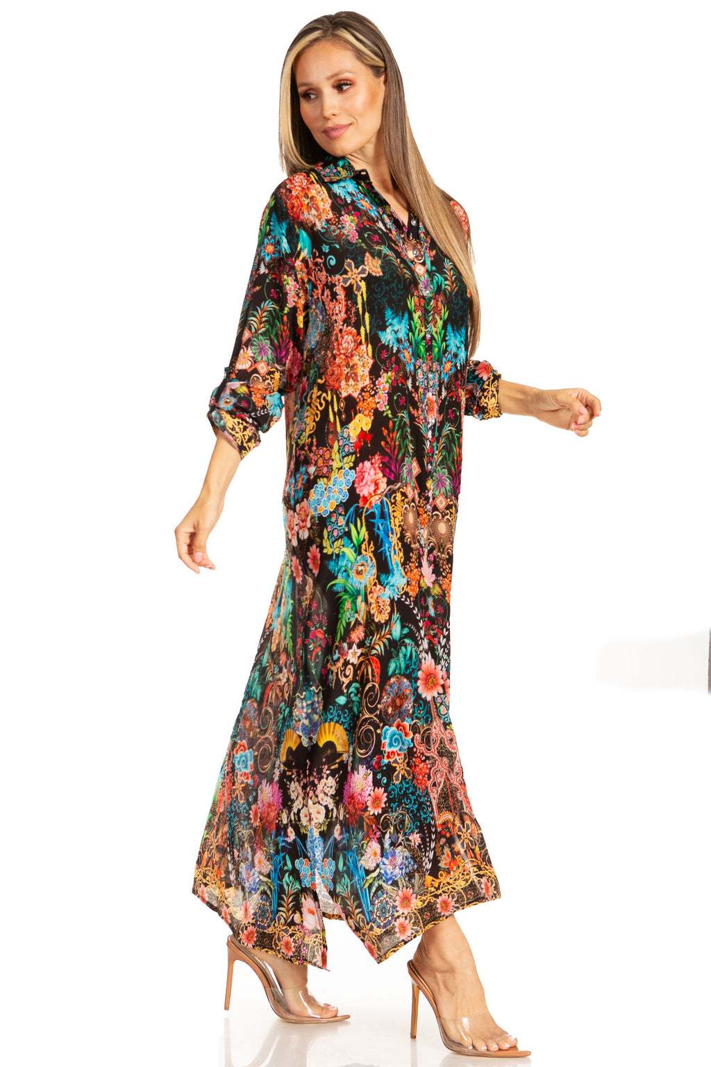 Sakkas Long Sleeves Button Down Spring/Summer Maxi Shirt Dress | Beachwear