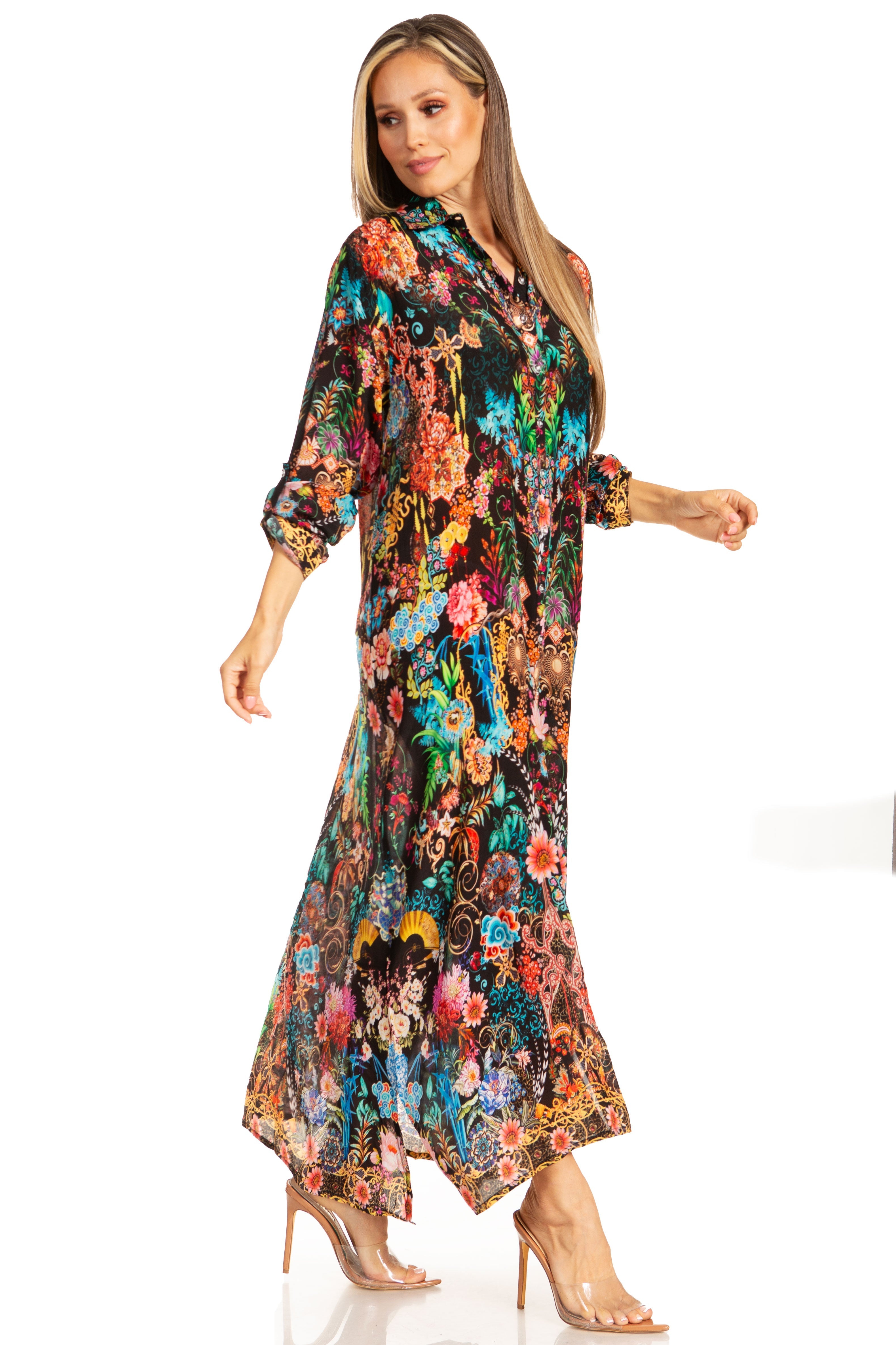 Sakkas Long Sleeves Button Down Spring/Summer Maxi Shirt Dress | Beachwear