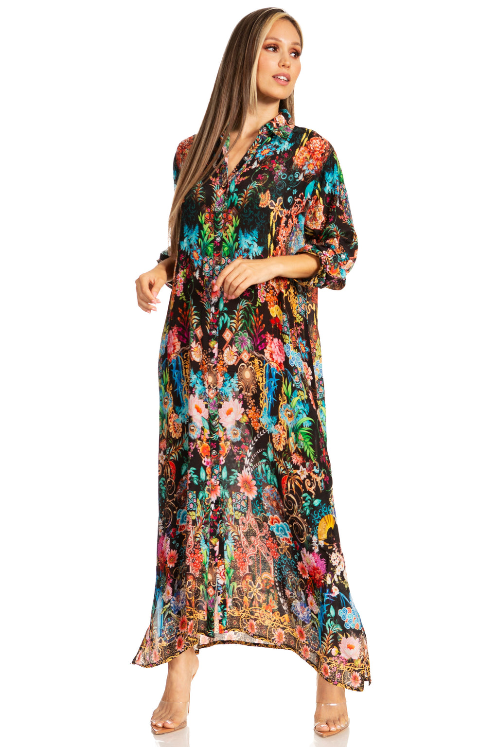 Sakkas Long Sleeves Button Down Spring/Summer Maxi Shirt Dress | Beachwear