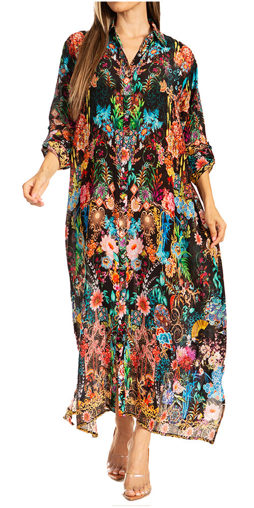Sakkas Long Sleeves Button Down Spring/Summer Maxi Shirt Dress | Beachwear