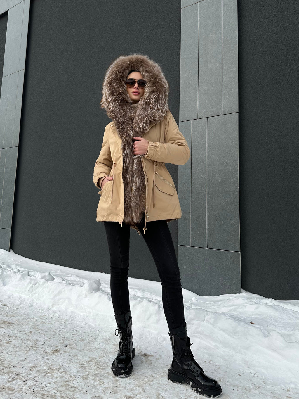 Genuine Silver Fur Trim Parka with Rabbit Fur Insulation Khaki