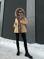 Genuine Silver Fur Trim Parka with Rabbit Fur Insulation Khaki