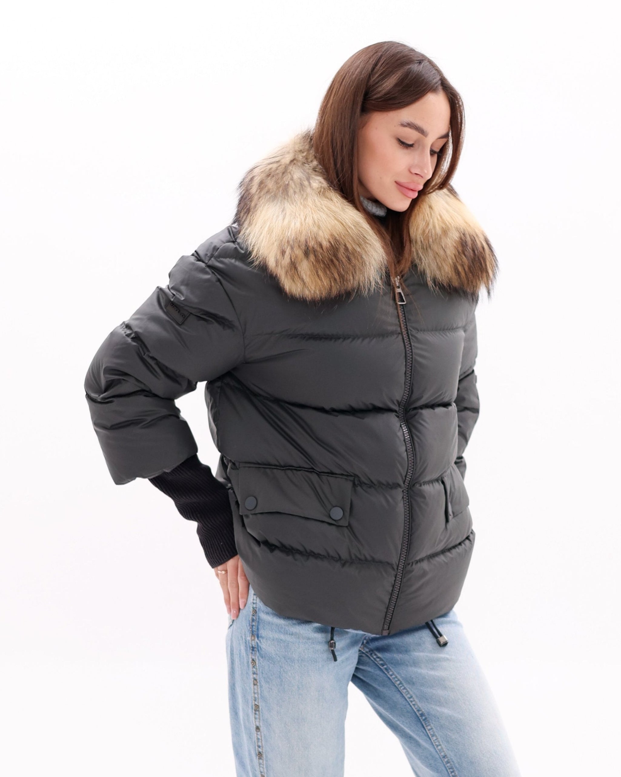 Genuine Fur Trim Down Fill Coat in Black