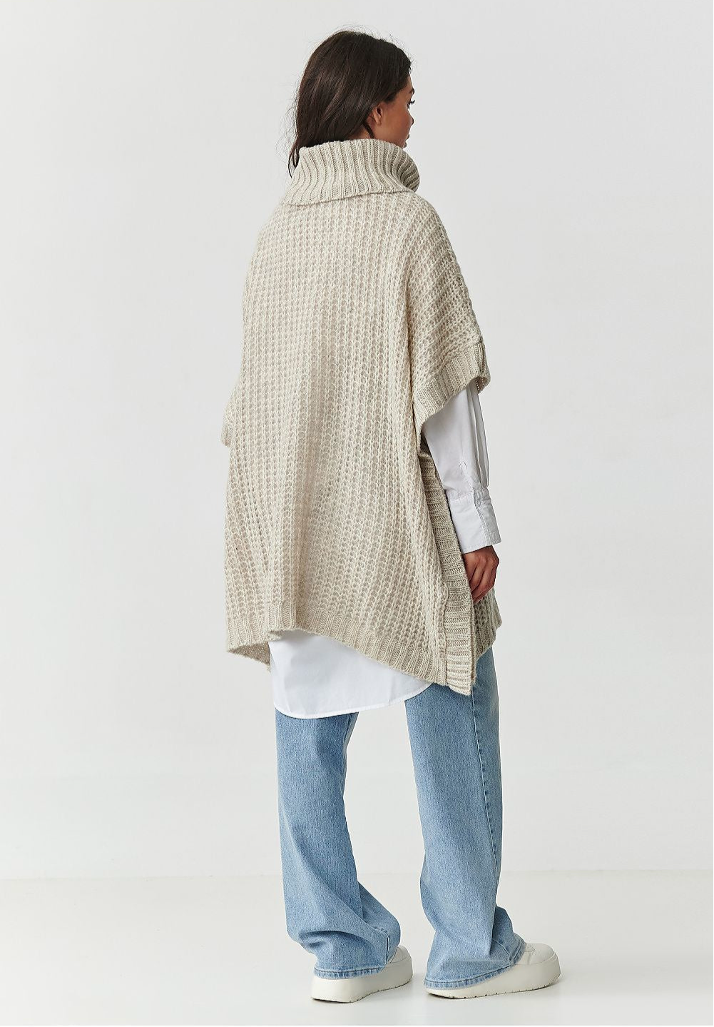 Oversized Wool Blend Turtleneck Poncho Sweater in Beige