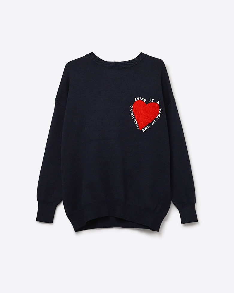 Embroidered Heart Knitted Jumper with Text in Navy