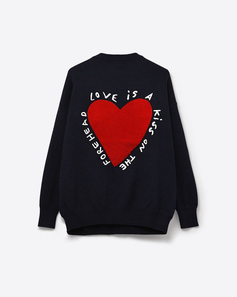 Embroidered Heart Knitted Jumper with Text in Navy