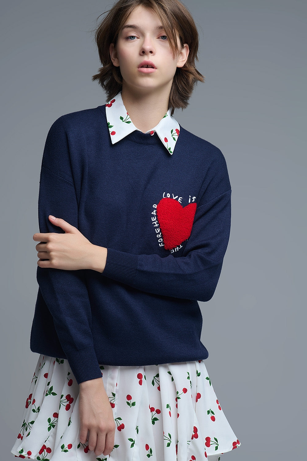 Embroidered Heart Knitted Jumper with Text in Navy