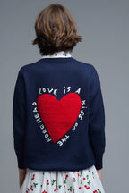 Embroidered Heart Knitted Jumper with Text in Navy