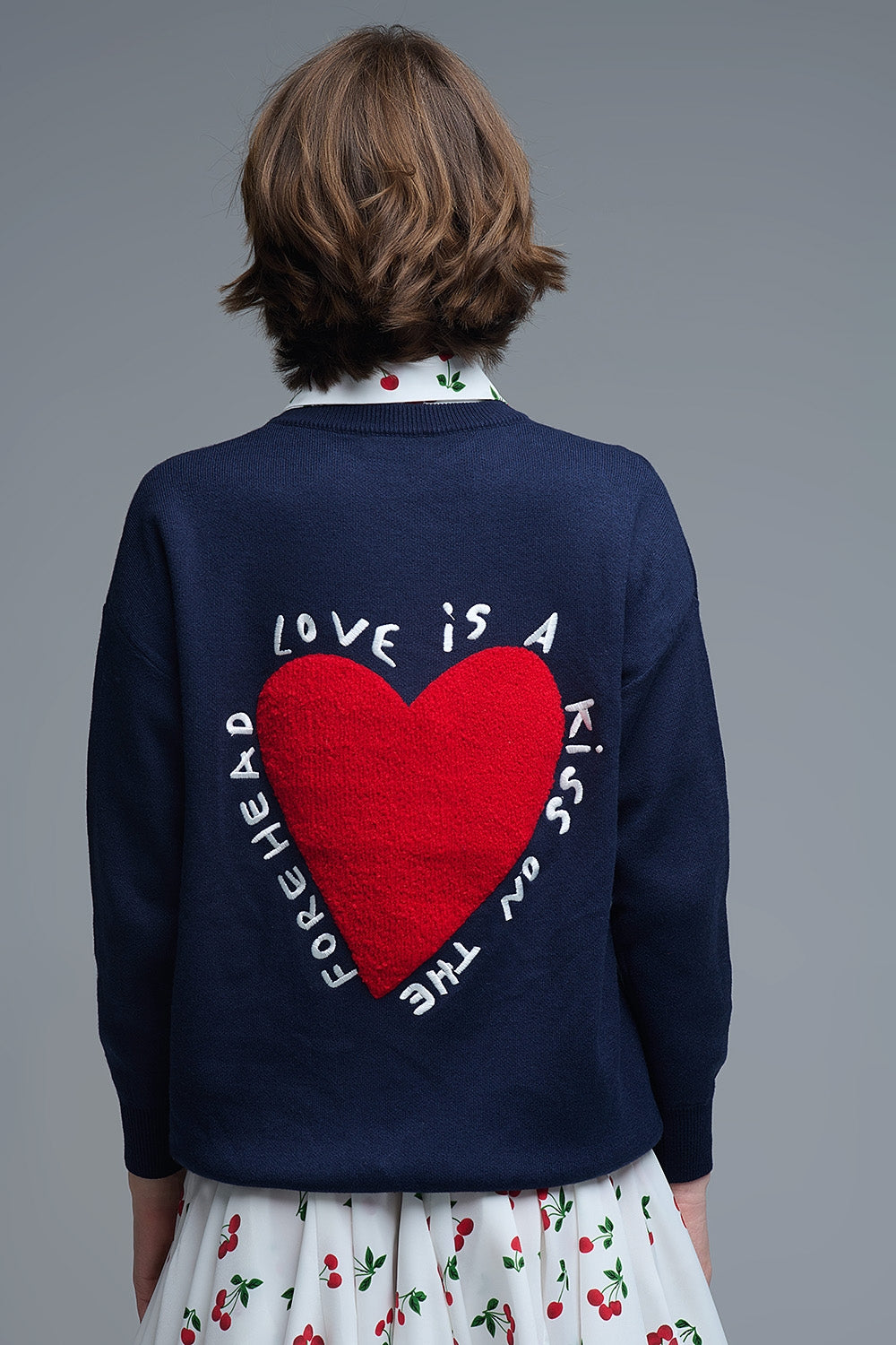 Embroidered Heart Knitted Jumper with Text in Navy