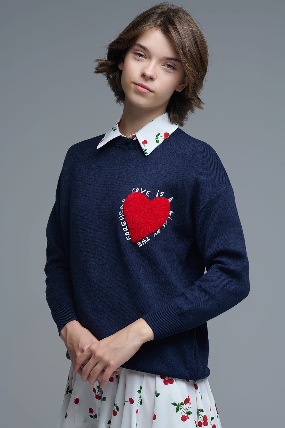 Embroidered Heart Knitted Jumper with Text in Navy