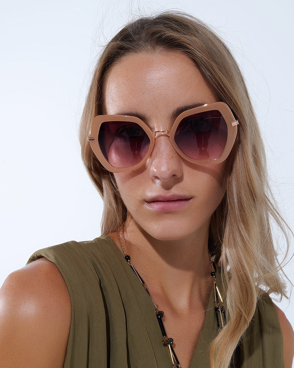 Extra Large Hexagonal Cat Eye Sunglasses in Beige