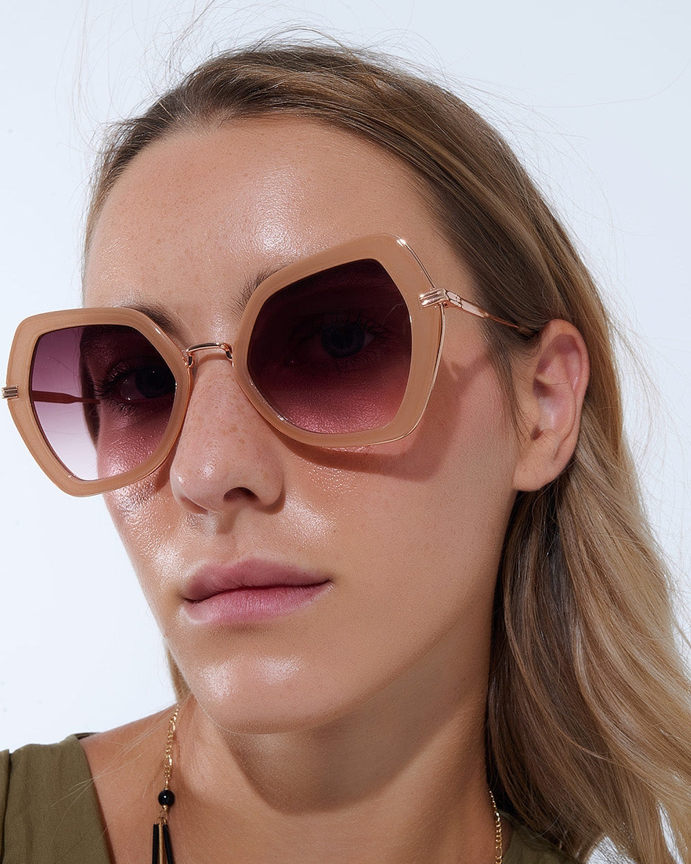 Extra Large Hexagonal Cat Eye Sunglasses in Beige