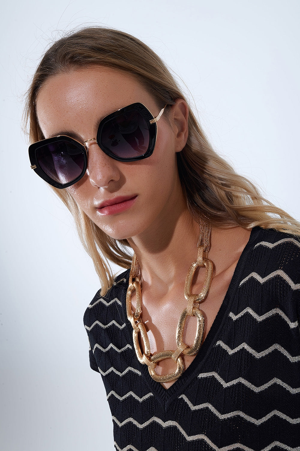Extra Large Hexagonal Cat Eye Sunglasses in Black