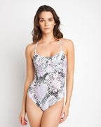 One-Piece Swimsuit F1701 White & Green Snake