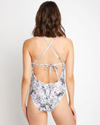 One-Piece Swimsuit F1701 White & Green Snake