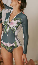 Long Sleeve Rashguard with Front Zipper F1814 Aloha Forest