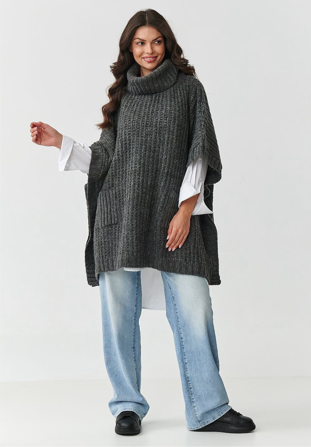 Oversized Wool Blend Turtleneck Poncho Sweater in Dark Grey