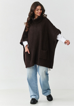Oversized Wool Blend Turtleneck Poncho Sweater in Choco