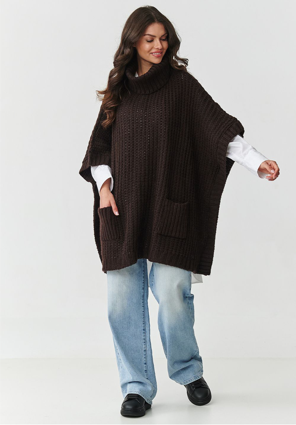 Oversized Wool Blend Turtleneck Poncho Sweater in Choco