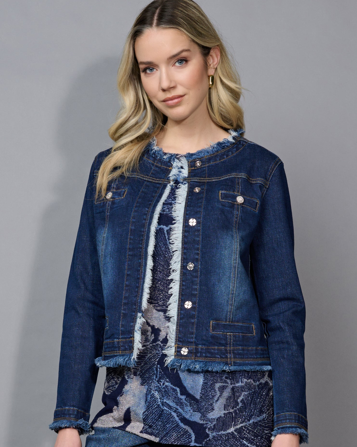 Collarless Frayed Edge Denim Jacket by Picadilly