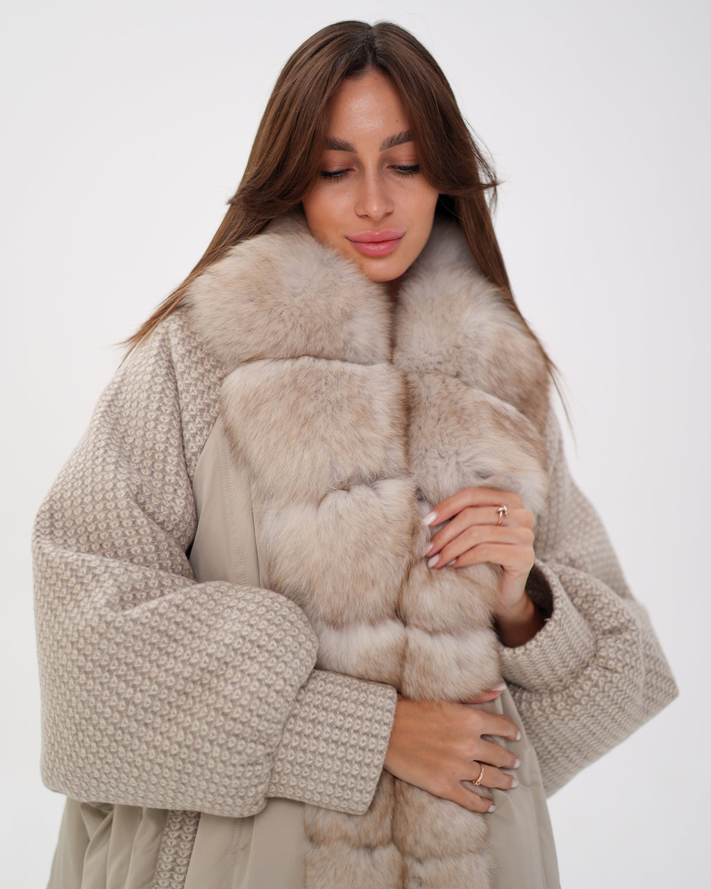 Genuine Polar Fox Boucle Down Coat
