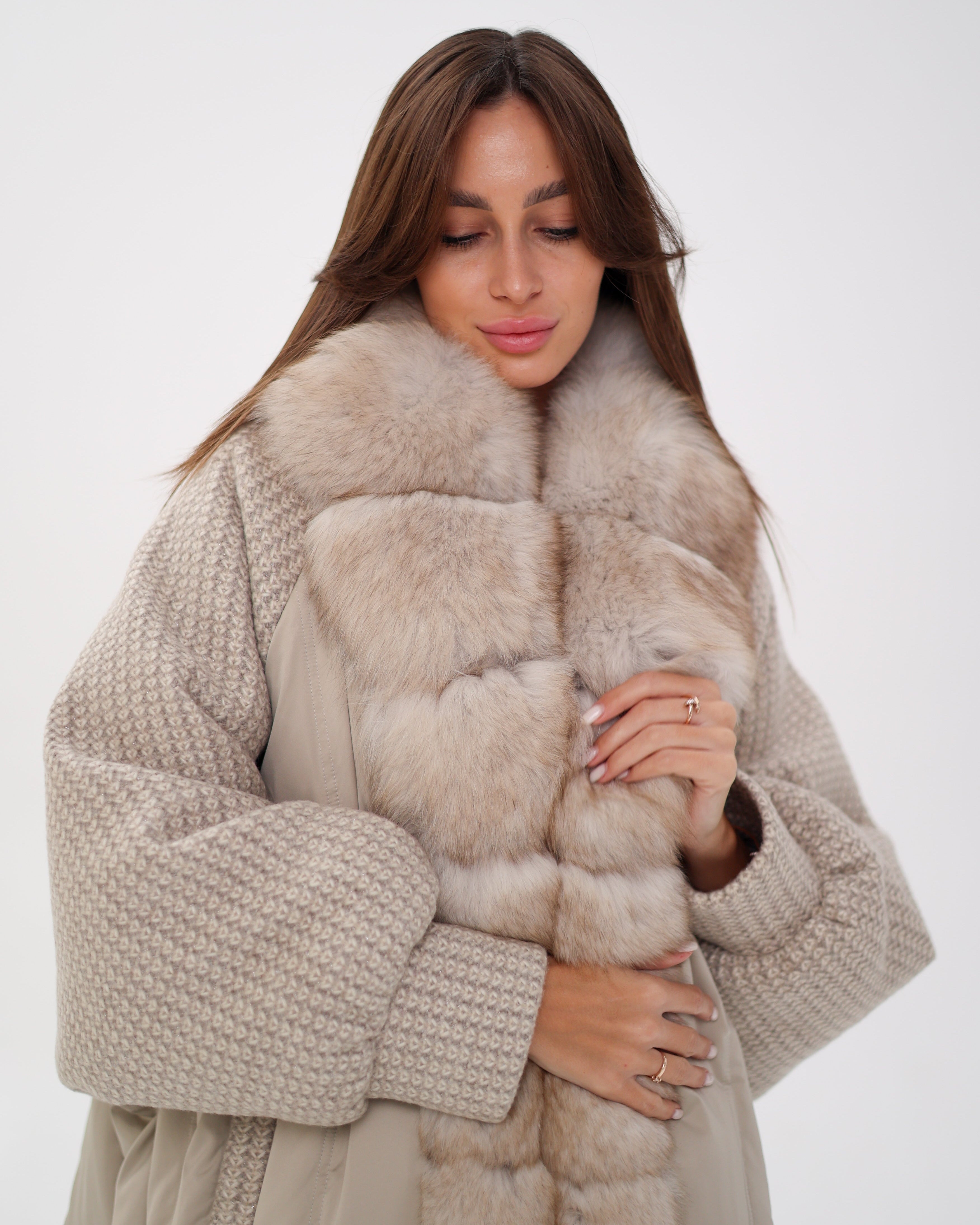 Genuine Polar Fox Boucle Down Coat