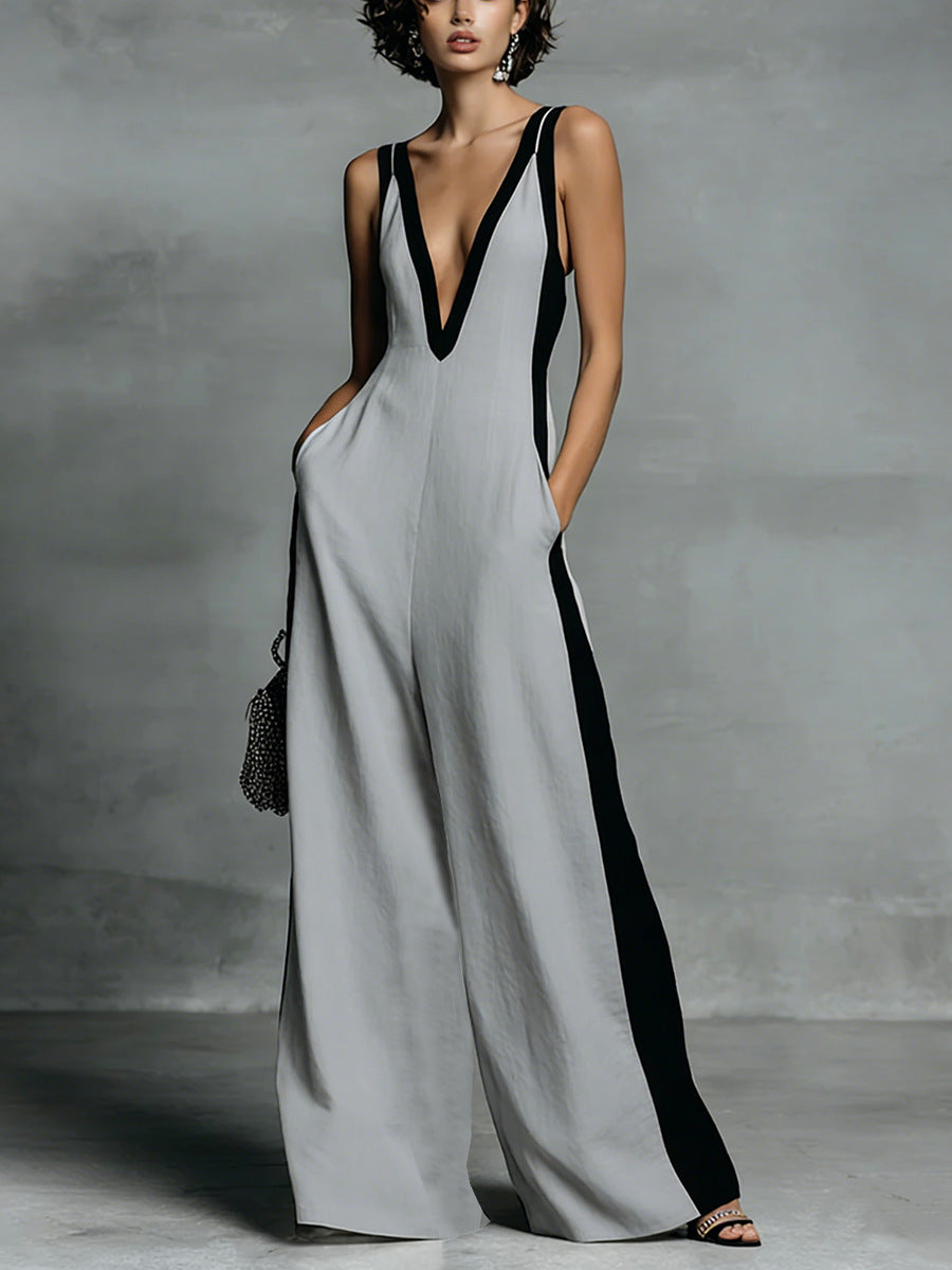 Women's Color-Block Sleeveless V-Neck Wide-Leg Jumpsuit