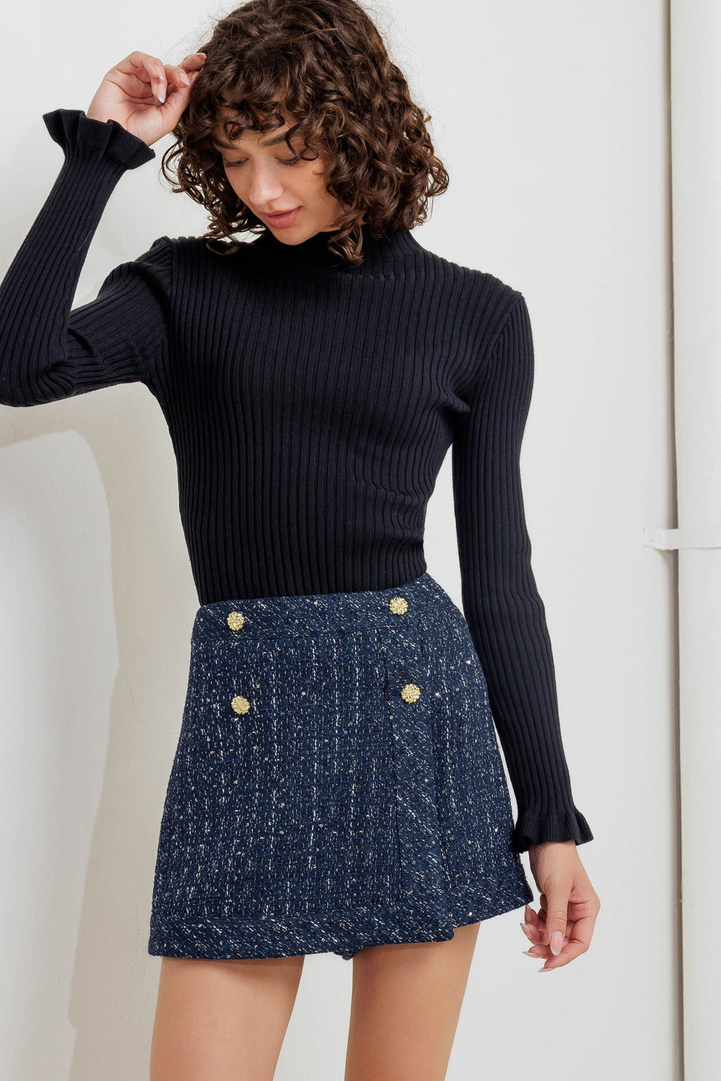 Parisian Navy Woven Tweed Skort