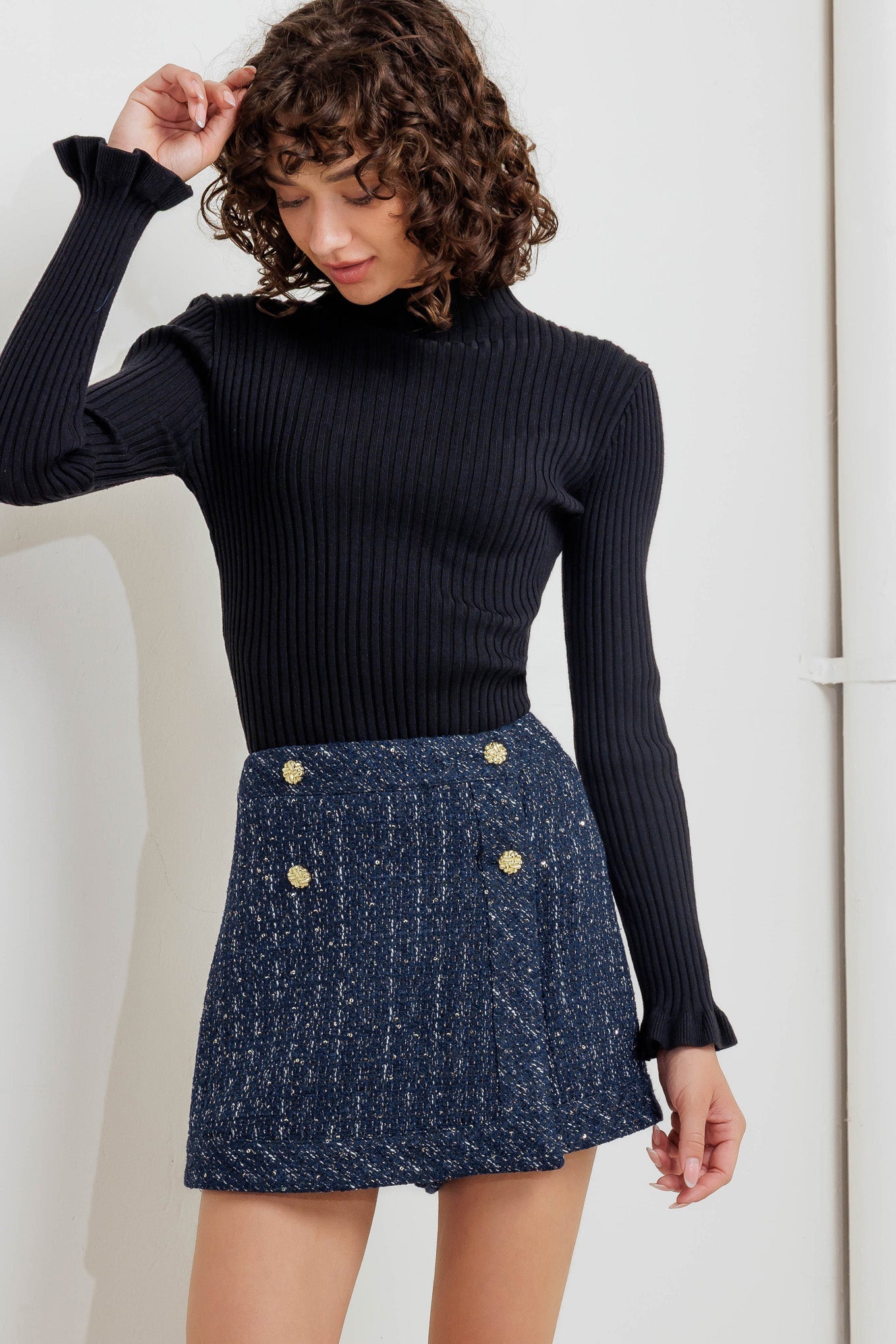 Parisian Navy Woven Tweed Skort