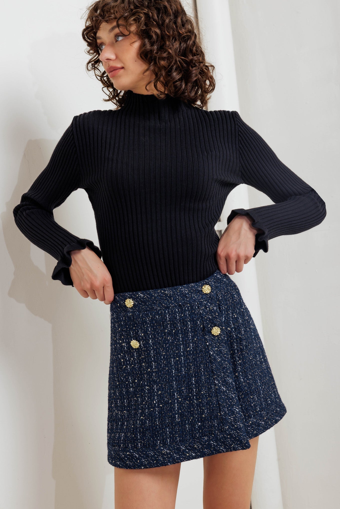 Parisian Navy Woven Tweed Skort