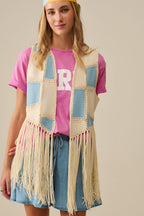Faux Leather Vest with Patchwork and Fringe Detail
