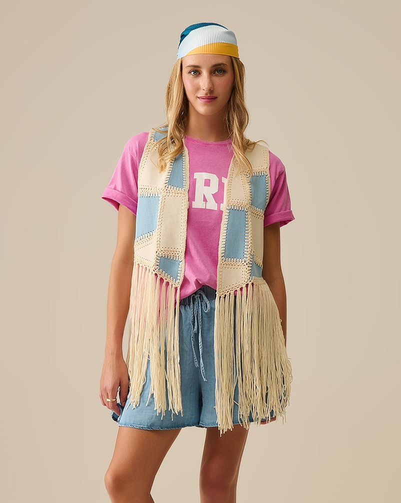 Faux Leather Vest with Patchwork and Fringe Detail