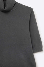Fine Knit Sweater in Black with a High Neck and Elbow-Length Sleeves