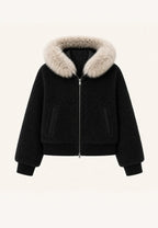 Firelady Fur Women's Merino Shearling Coat | Layered Patch-Dyed Raccoon Fur Collar “Hokkaido Melody”