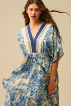 Flowy V-Neck Dress with Toile De Jouy Print