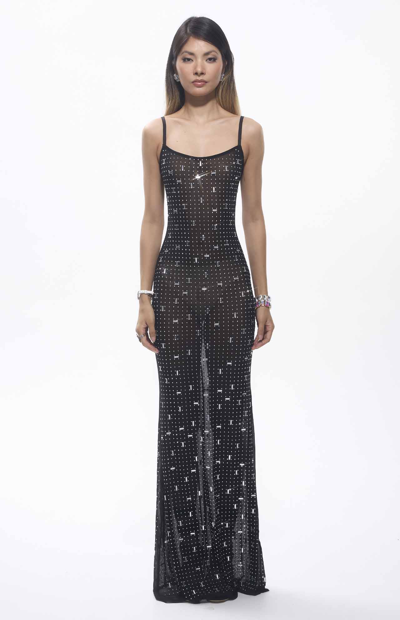 Frema Crystal Mesh Maxi Cocktail Dress Black