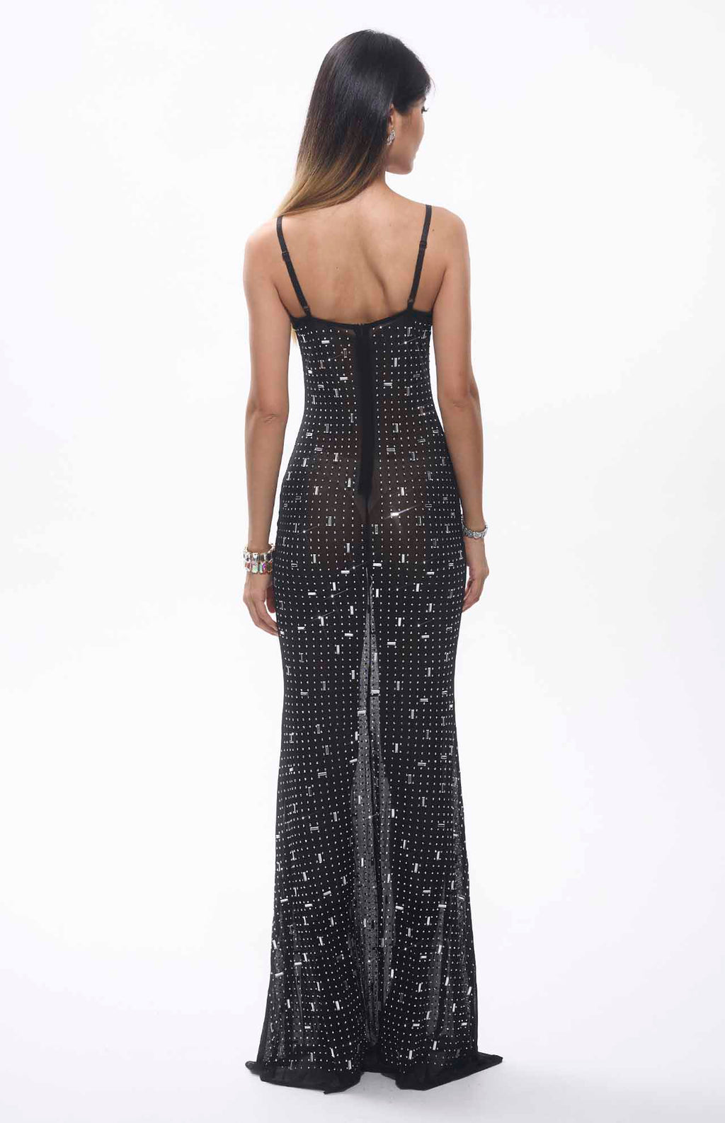 Frema Crystal Mesh Maxi Cocktail Dress Black