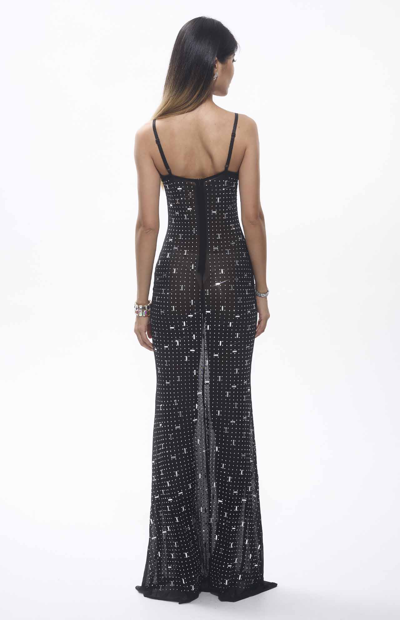Frema Crystal Mesh Maxi Cocktail Dress Black