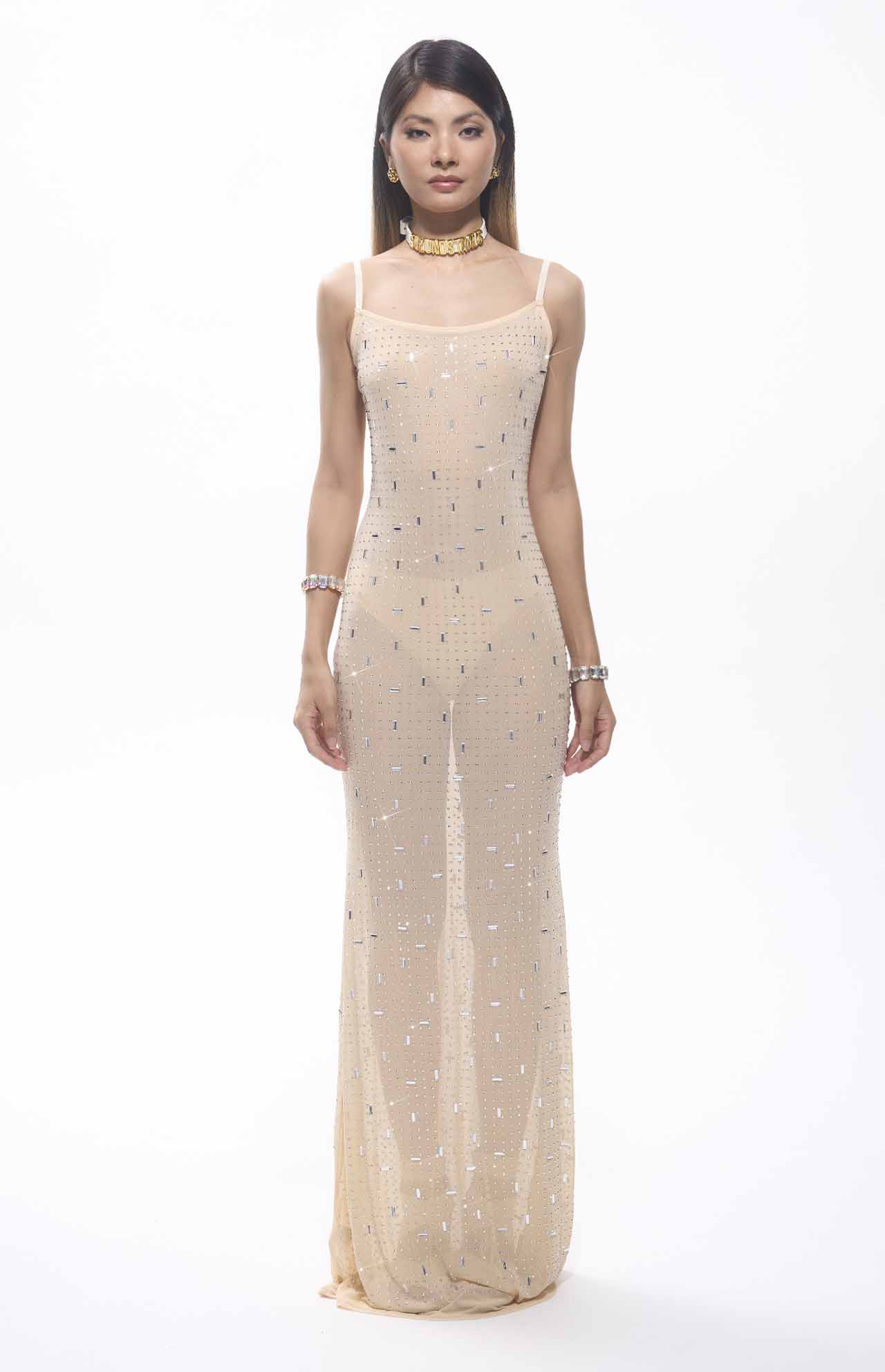 Frema Diamante Mesh Maxi Evening Dress Nude