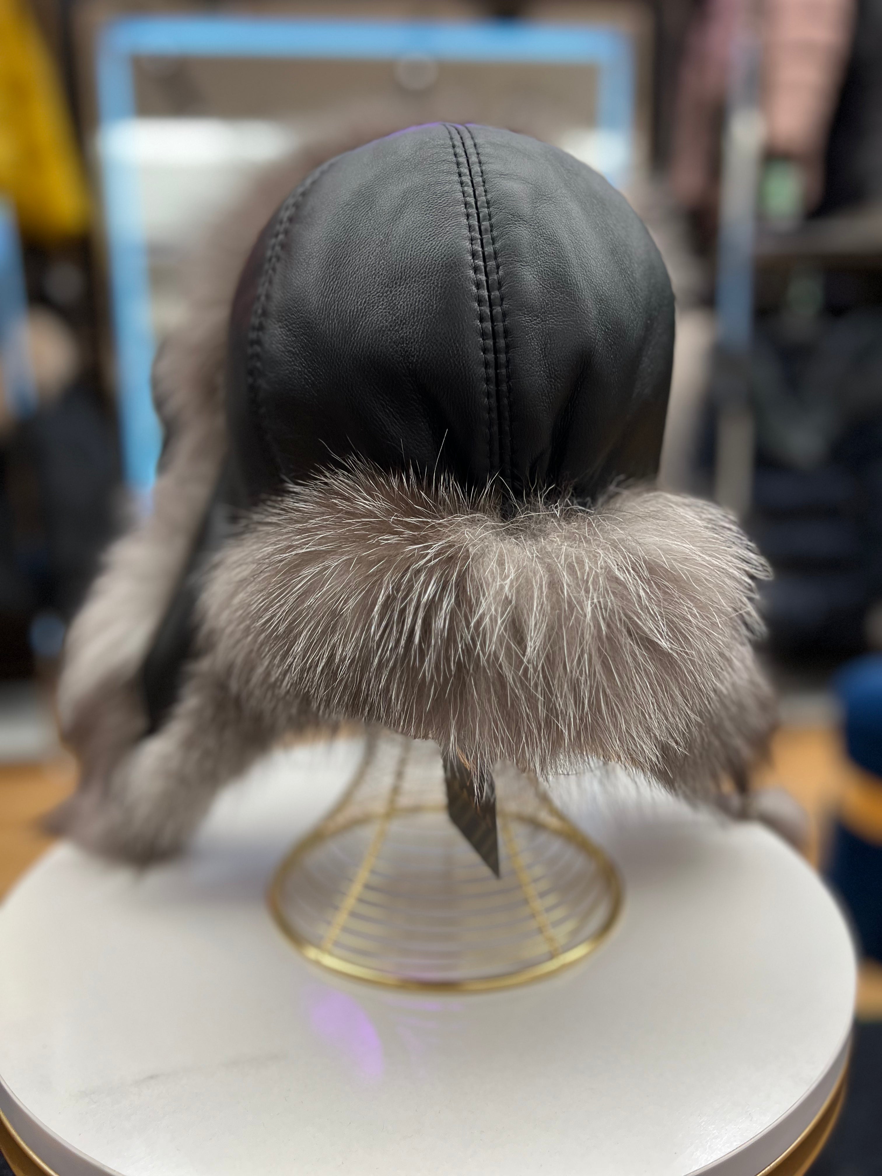Genuine Silver Fox Fur Leather Hat