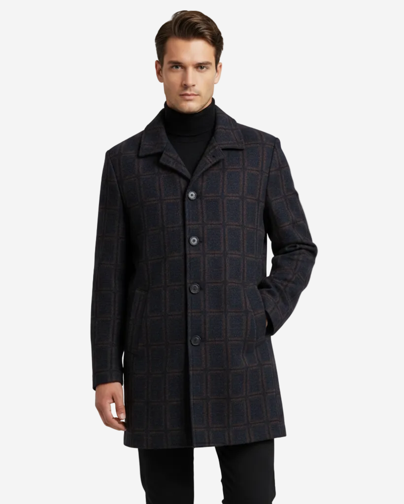 Navy Russet Windowpane Wool Car Coat