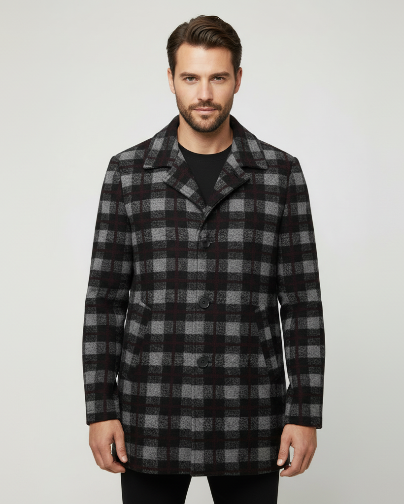Midnight Burgundy Buffalo Check Wool Coat