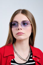 Gold Thin Rimless Square Sunglasses with Purple Lenses